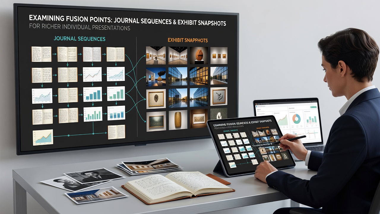 Close-up view of a web dashboard merging journal timelines with exhibit image grids for individual storytelling