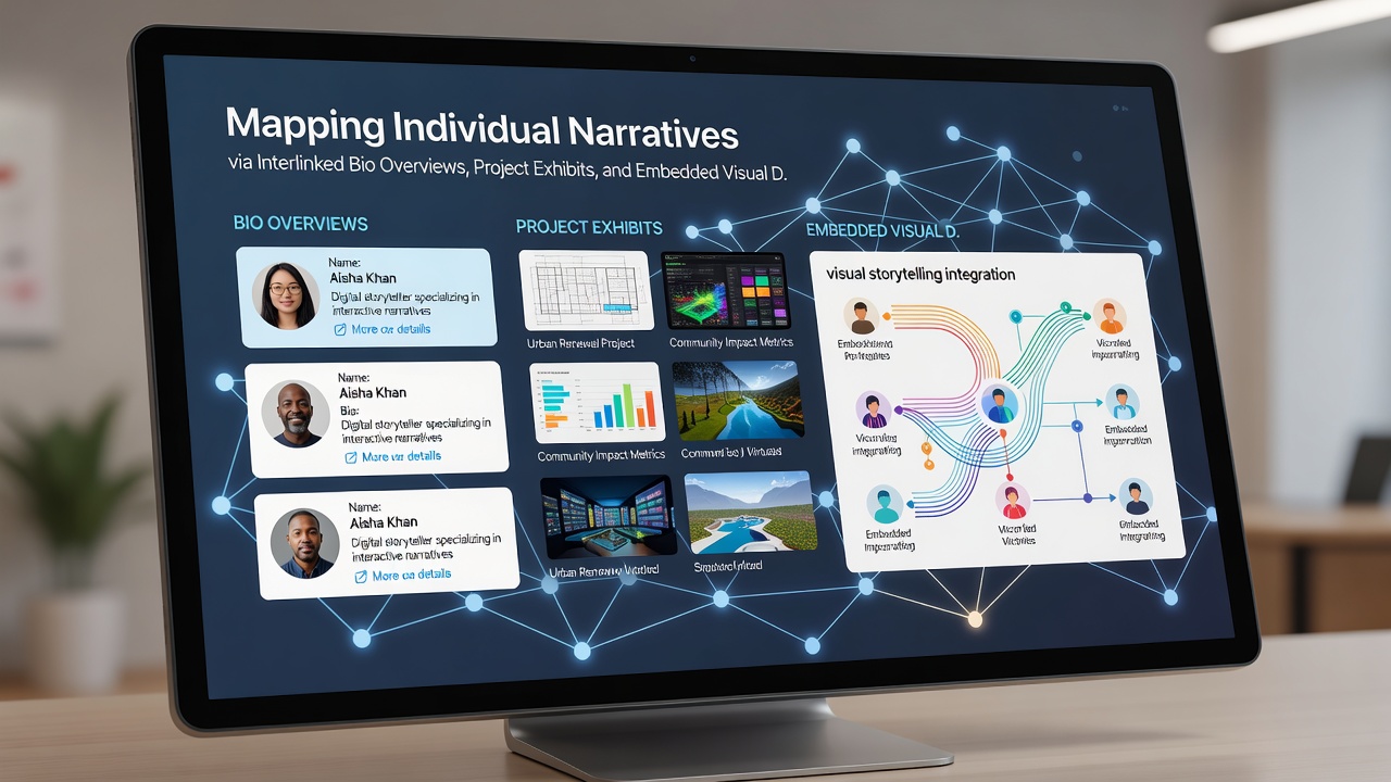 Detailed view of embedded visual displays connected to project exhibits on a personal custom domain