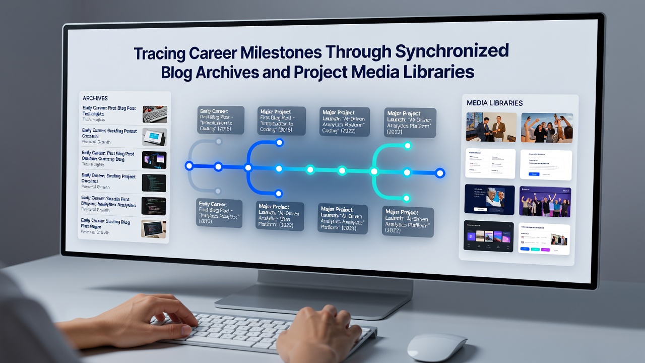 Timeline interface displaying interconnected blog posts and media assets representing career progression milestones