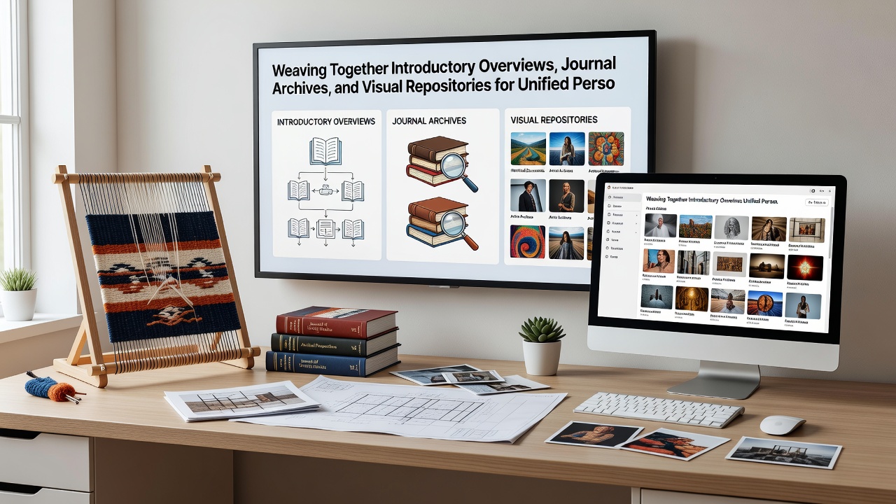 Detailed view of a personal web interface with synchronized journal archive sidebar, embedded visual grid, and expandable overview panel